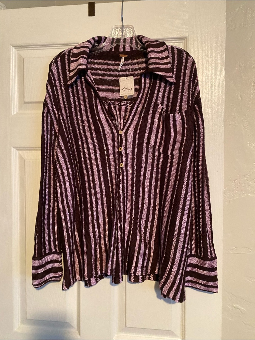 Free People Beach Bash  Plum Sequin Striped Sweater Size Small